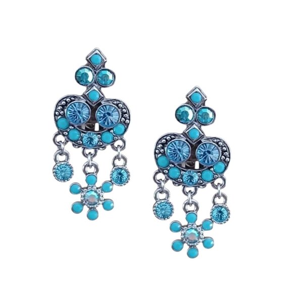 Vintage Kirk Folly Women's Silver Tone Blue Crystal Turquoise Clip Earrings - Picture 3 of 5